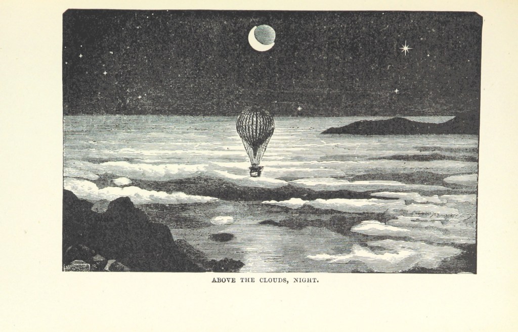 an old fashioned balloon above the clouds at night